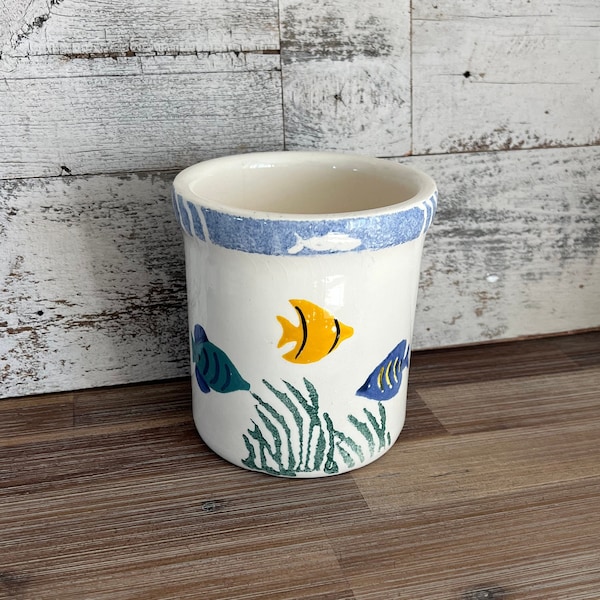 Vintage Crock - Hand Painted Ceramic Crock - Tropical Pattern Fish and Kelp - Utensil Holder - Planter - Bathroom Catch-all - Nautical Blue