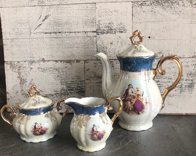 Tea Set Lusterware Japan Blue Victorian Teapot Creamer Sugar Bowl Set Blue Gold Teapot Three