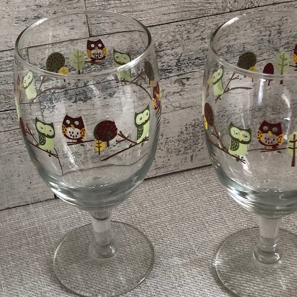 Owl Drinking Goblets - Beer Schooners - Iced Tea Glasses Giblets - Ice Cream Sundae Schooner - Owl Pattern Glasses - Earth Tone Colors