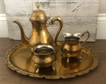 SALE Brass Teapot Serving Set Tray Sugar Creamer - Vintage Brass Ornate Tea Set - Brass Teapot Sugar Creamer -Brass Tray Hollywood Boho