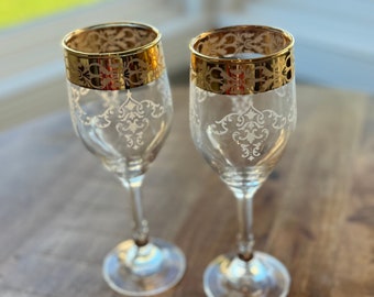 Wedding Goblets Toasting Glass Vintage Gold Rimmed Etched Wine Goblet Vintage Barware Elegant Ornate Glass Goblet Set of 2