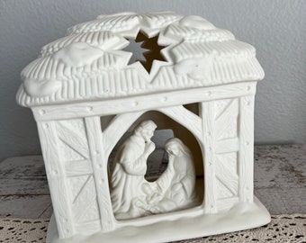 Nativity Candle Light Vintage Party Lite Candle - Jesus Mary Joseph Vintage Nativity White - Votive Holder Christmas Candle - Porcelain