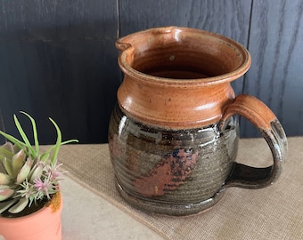 Vintage Ceramic Pottery Pitcher Brown Earthtones Milk Pitcher Stoneware Pitcher One of a Kind Artist Signature 1970 Vase Centerpiece