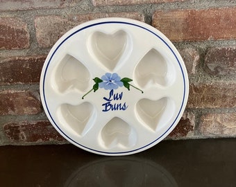 LUV BUNS Ceramic Pottery Muffin Pan Heart Shaped Muffins “Luv Buns” Muffin Pan 6 Heart Biscuits Mothers Day Gift - Vintage Farmhouse