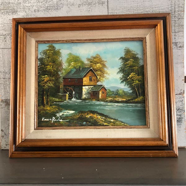 Old Mill Painting - Hand Painted Oil Painting Old Vintage Mill on a River - Saw Grist Mill Picture - Wooden Frame 15 X 13 - Signed by Artist