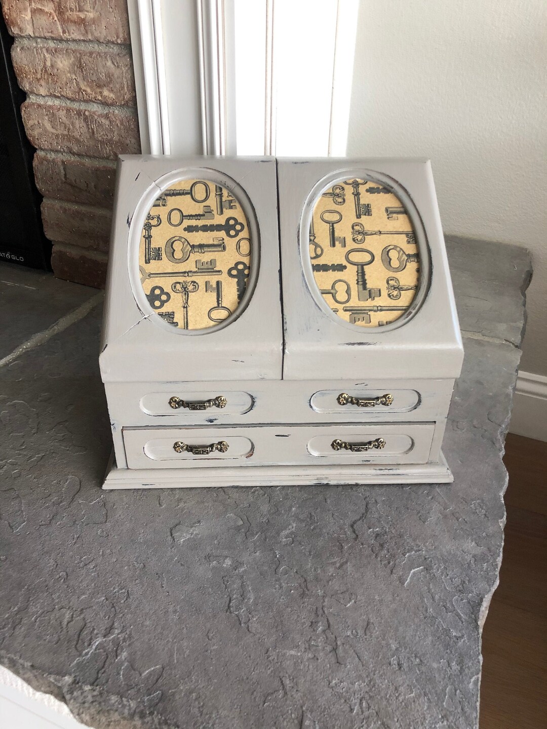 Fathers Day Gray Jewelry Box Armoire Vintage Antique Keys Large Jewelry