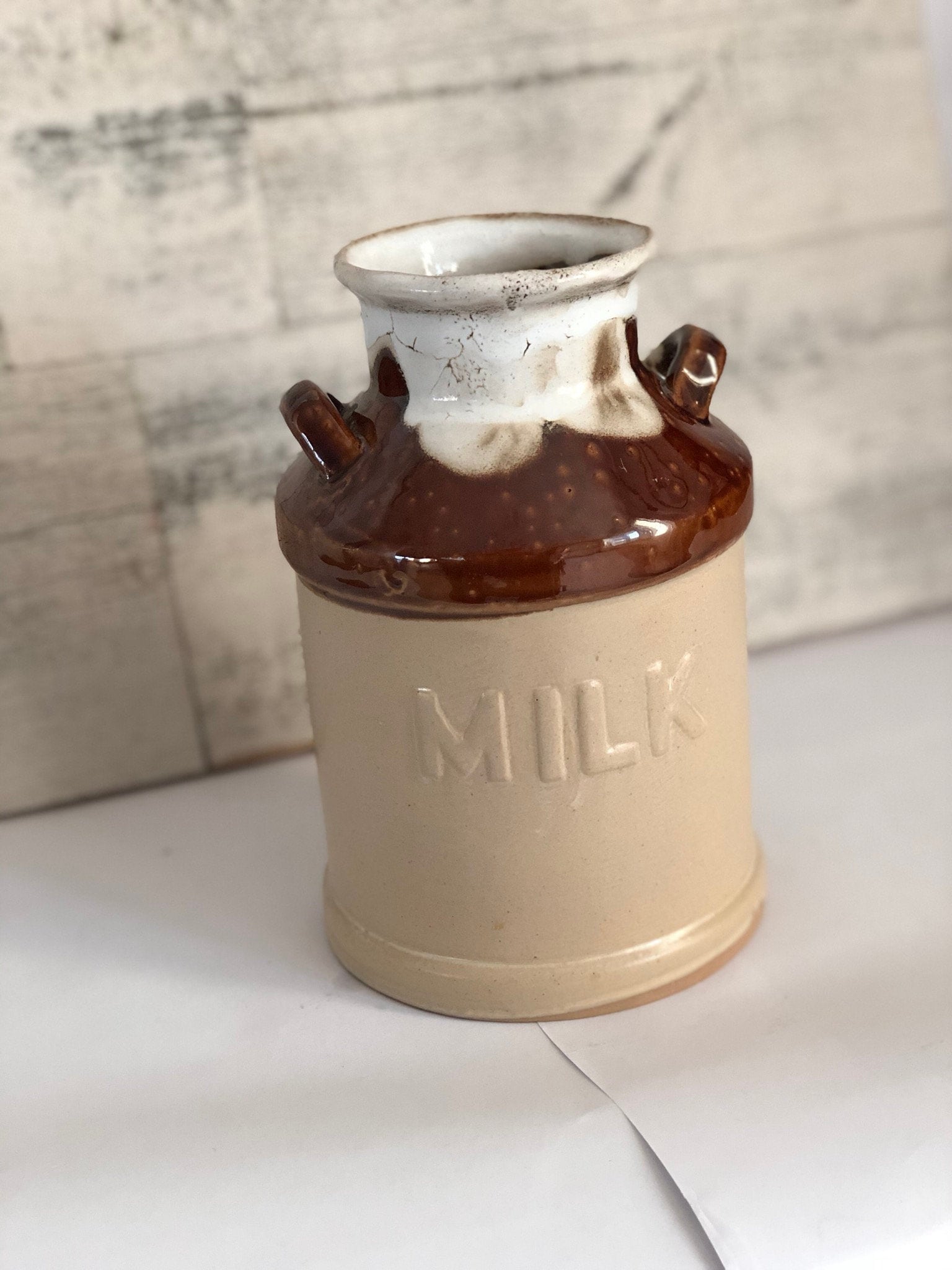 Vintage Milk Jar Brown & White Pottery