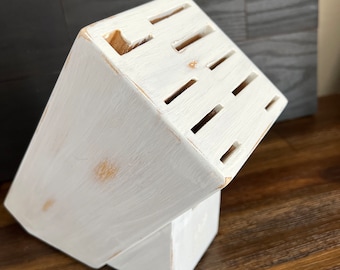 Vintage Knife Block Storage White Large - 9 Slots - Painted White Distressed Knife Block - Wooden Knife Storage Block