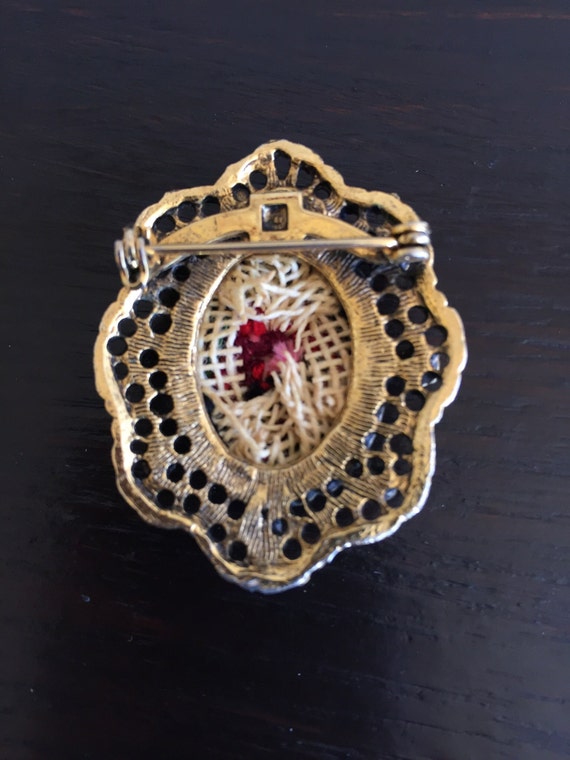 Vintage Needlepoint Rose Flower Brooch Pin - Anti… - image 4