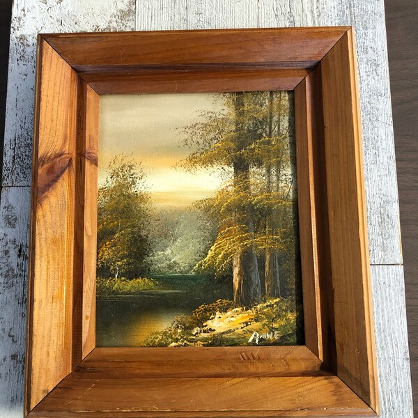 Mountain Scene Vintage Painting - River Lake Scenic Mountain Painting - Vintage Painting - Signed by Artist - Rustic Pine Frame - Cabin Home