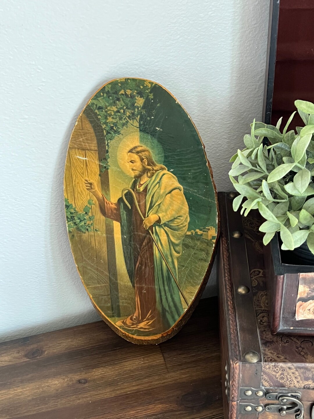 Jesus Picture Behold I Stand at the Door and Knock Wood Slice Decoupage