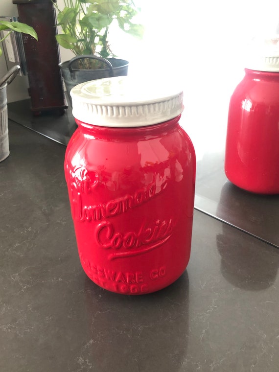 SALE Red Cookie Jar Smaller Size Cookie Jar Ceramic Mason Jar