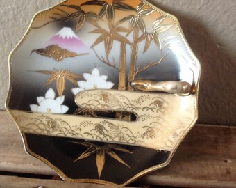 Lemon Dish Vintage Asian Dish - Mt Fuji - Made in Japan - Handpainted Lemon Dish - Lemon Plate - Lemon Nappy Black Gold Tea Decor