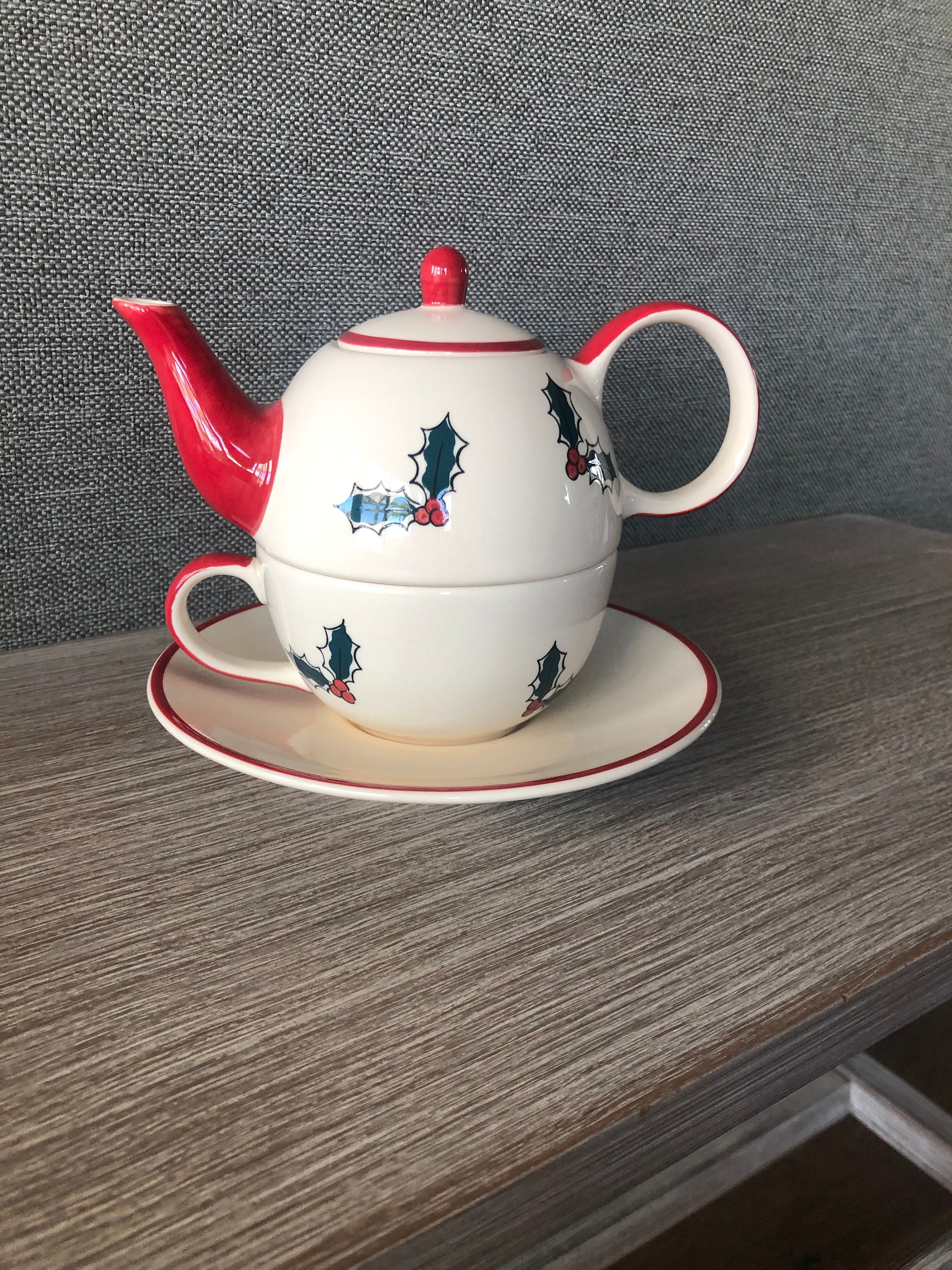 Christmas Teapot Cup Saucer Set 4 Piece Christmas Tea Set Etsy