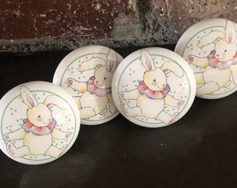 Porcelain Knob set of Four Pastel Bunnies - Drawer Pulls  Knobs- White Pink Babys Room