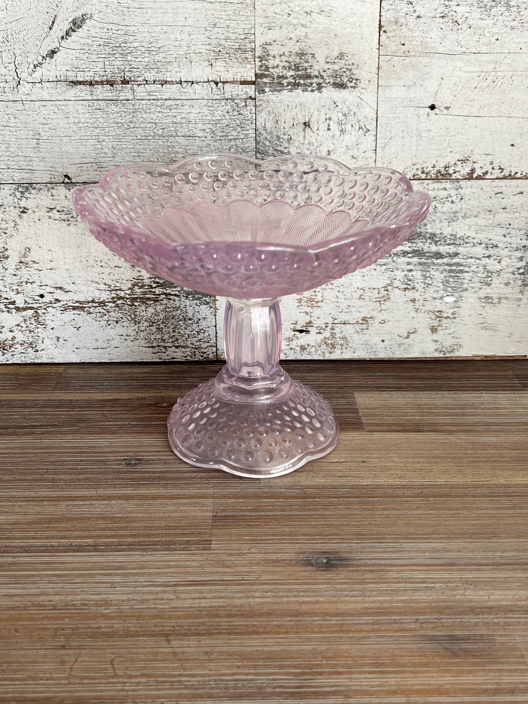 Glass Pedestal Compote Candy Dish Light Pink Hobnail Design - Ruffled ...