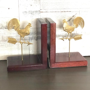 Brass Rooster Bookends - Rooster Weathervane - Pair Brass Bookends - Rooster Decor Book Shelf Bookends Brass Arrow  Man Cave Den Unique