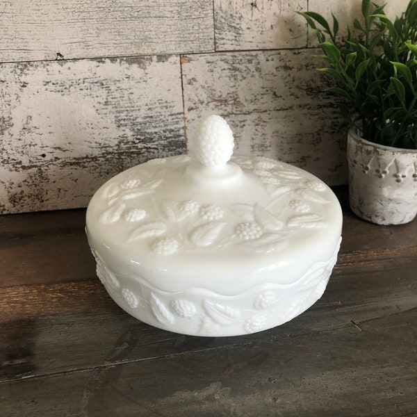 Vintage Milk Glass Covered Candy Dish - Scalloped Edge Leaf and Berry Pattern Fostoria Heavy Milk Glass - Pedestal Candy Dish w Lid Hobnail