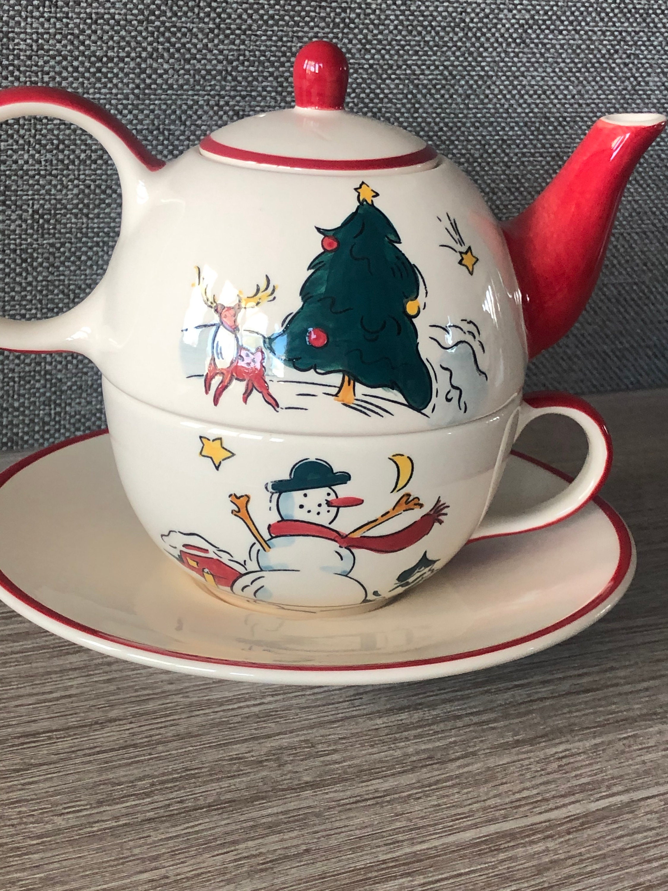 Christmas Teapot Cup Saucer Set 4 Piece Christmas Tea Set Etsy
