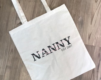 Personalised nanny tote bag, with grandkids names and est year