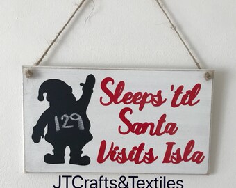 Personalised countdown chalboard, Sleeps 'til santa visits hanging sign plaque