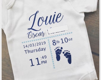 Personalised Vests, including baby name, weight, date - perfect new born gift pink or blue