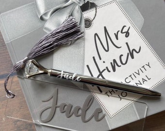 Personalised Book Mark- Silver or rose gold font & Tassel and Crystal Pen set Personalised