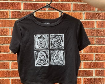 Handmade Clown Graphic Crop Top: Linoleum Block Printed Baby Tee