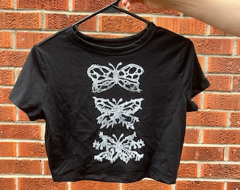 Handmade Butterfly Crop Top: Block Printed Gothic Streetwear