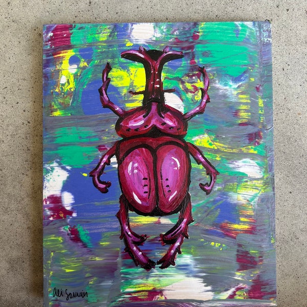 Beetle art Original painting rhino beetle artwork bug insect fine art gothic fine art Halloween maximalist wall art gothic home decor