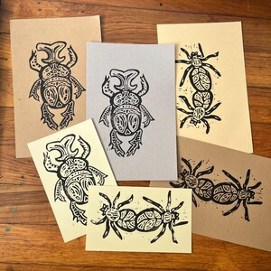 beetle prints love bug home decor linoleum block print halloween bugs insect decor handmade posters wall art hand carved stamp print