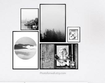 Seattle Gallery wall with Marilyn Monroe street art in black and white photographs, fog in trees, boats, set of 5 prints as Seattle gift