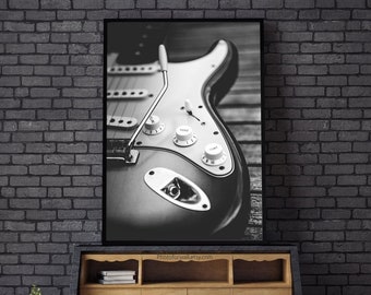 Guitar print Music room decor with electric guitar art in black and white, rock and roll wall art, man cave, gift for him husband