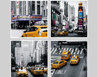 Fathers day gift New York Photography Black and white with yellow cab set of 4 prints poster Radio City Hall Times Square
