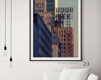 Tudor city New York wall art, blue green brown color office decor, bedroom decor, gift for her, best friend gift