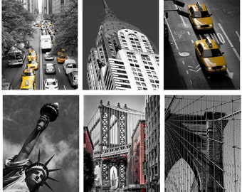 New York decor, gallery wall set of 6 black and white prints with a touch of color, New York wall art gift for him
