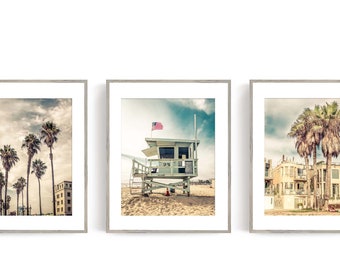 Lifeguard Tower Palm Trees Venice Beach Decor Set of 3 prints, Malibu beach California decor, Beach House Decor, Living Room Wall Art Prints