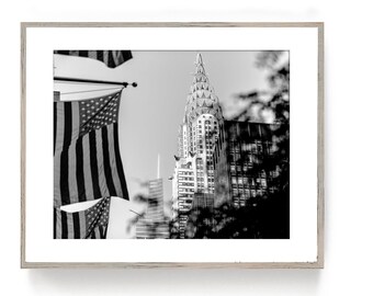 Black and white print New York Chrysler American flag Large wall art for office decor or home office wall decor