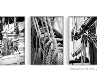 Wall decor black and white wall art, office decor for men set of 3 prints closeup rope Stocking Stuffer christmas gift for him