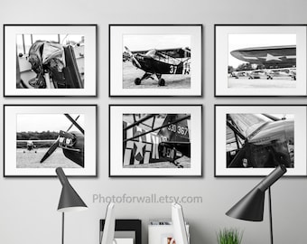 Airplane, Airplane piper, vintage airplane decor, original gallery wall set of 6 black and white prints