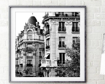 Black and white Paris photography, Paris bedroom decor, large wall art, French building paris print