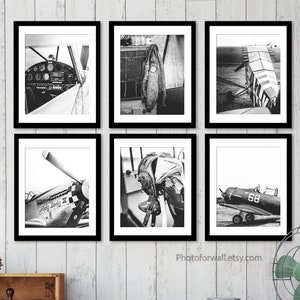 Personalized Pilot Gift for Dad Vintage Aviation decor, Airplane piper, Original gallery wall set of 6 plane black and white prints image 1