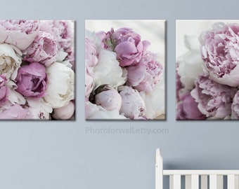 Mother's day gift, Set of 3 Peonies Photographs On Canvas Art for pink and white Nursery decor