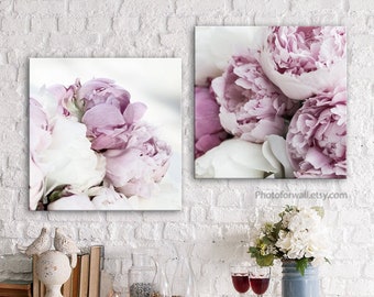 ON SALE Farmhouse wall decor, Nursery wall art with Pink Peonies canvas art set of 2 square prints baby shower gift, bedroom wall decor