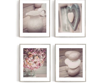 Rustic Bathroom wall Decor, farmhouse Bathroom decor, bathroom art print set of 4 prints UNFRAMED soft pink Love Hydrangea