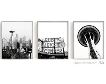 Seattle print Wall decor Seattle wall art set of 3 prints, Black and white photography UNFRAMED, Public Market Center Needle