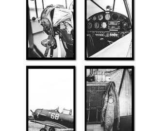 Pilot retirement Gift for Dad Vintage Aviation decor, Airplane piper Airforce gift set of 4 plane black and white prints Personalized