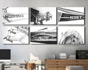 ON SALE Gallery wall set of 6 black and white prints, Personalized Pilot Gift Aviation Airplane Vintage Wall Decor, Airplane Canvas Art