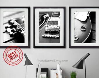 Office Wall Decor For Men, Music Wall Art Print, Gift for Music Lover Guitar set of 3 black and white photography UNFRAMED, teenager room