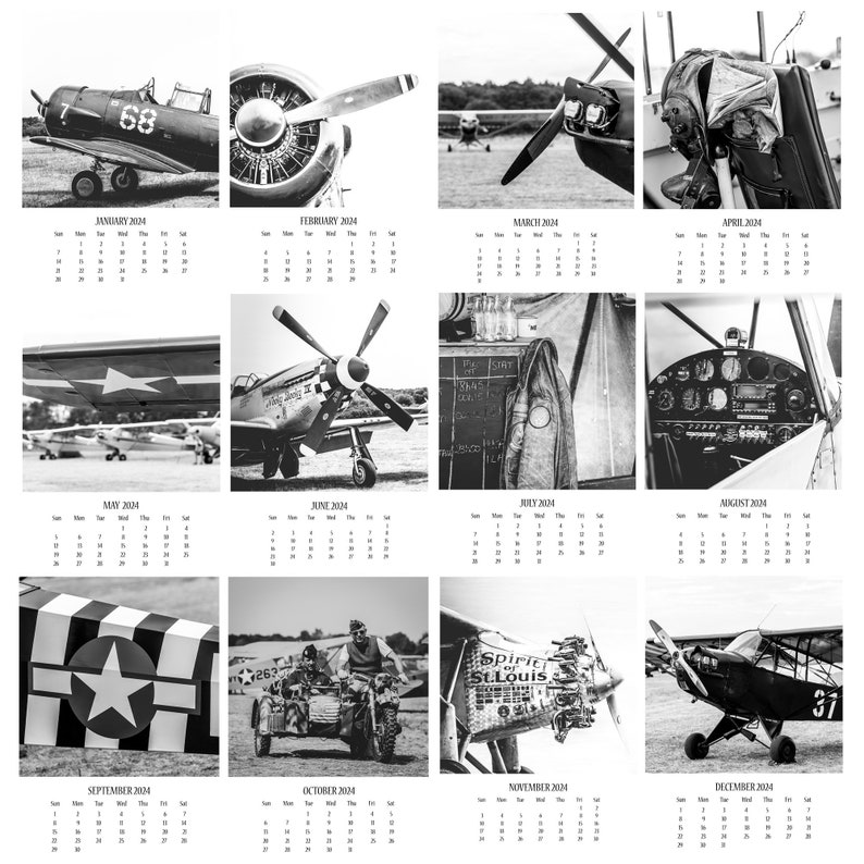 a black and white photo of an airplane calendar